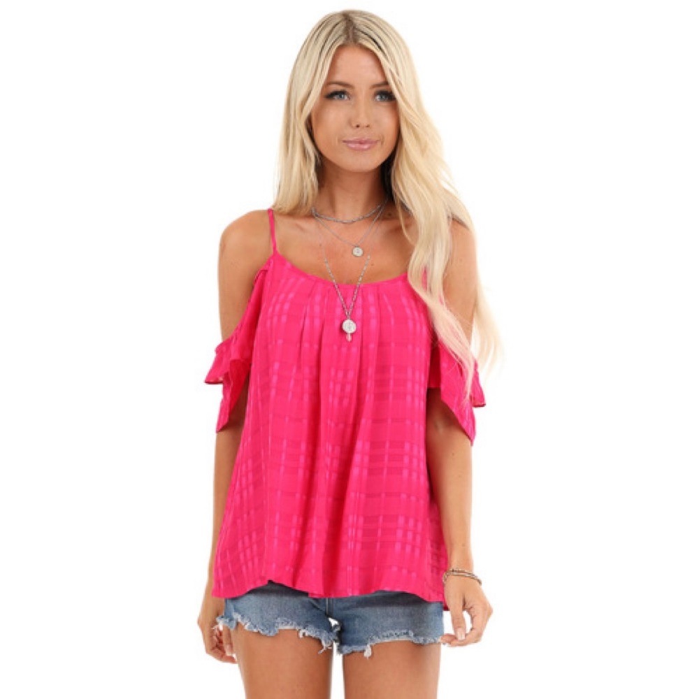 Skies Are Blue Hot Pink Plaid Cold Shoulder Top L